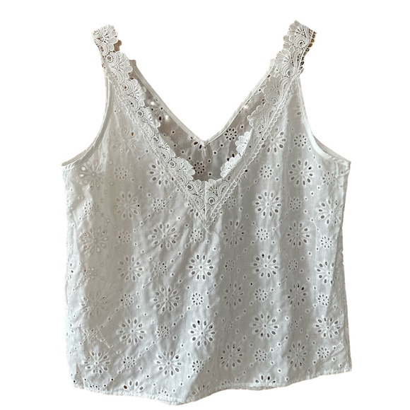 Niay White Eyelet Lace Trim V Neck Tank Top Casual Summer Blouse - Extra Large - Picture 2 of 8